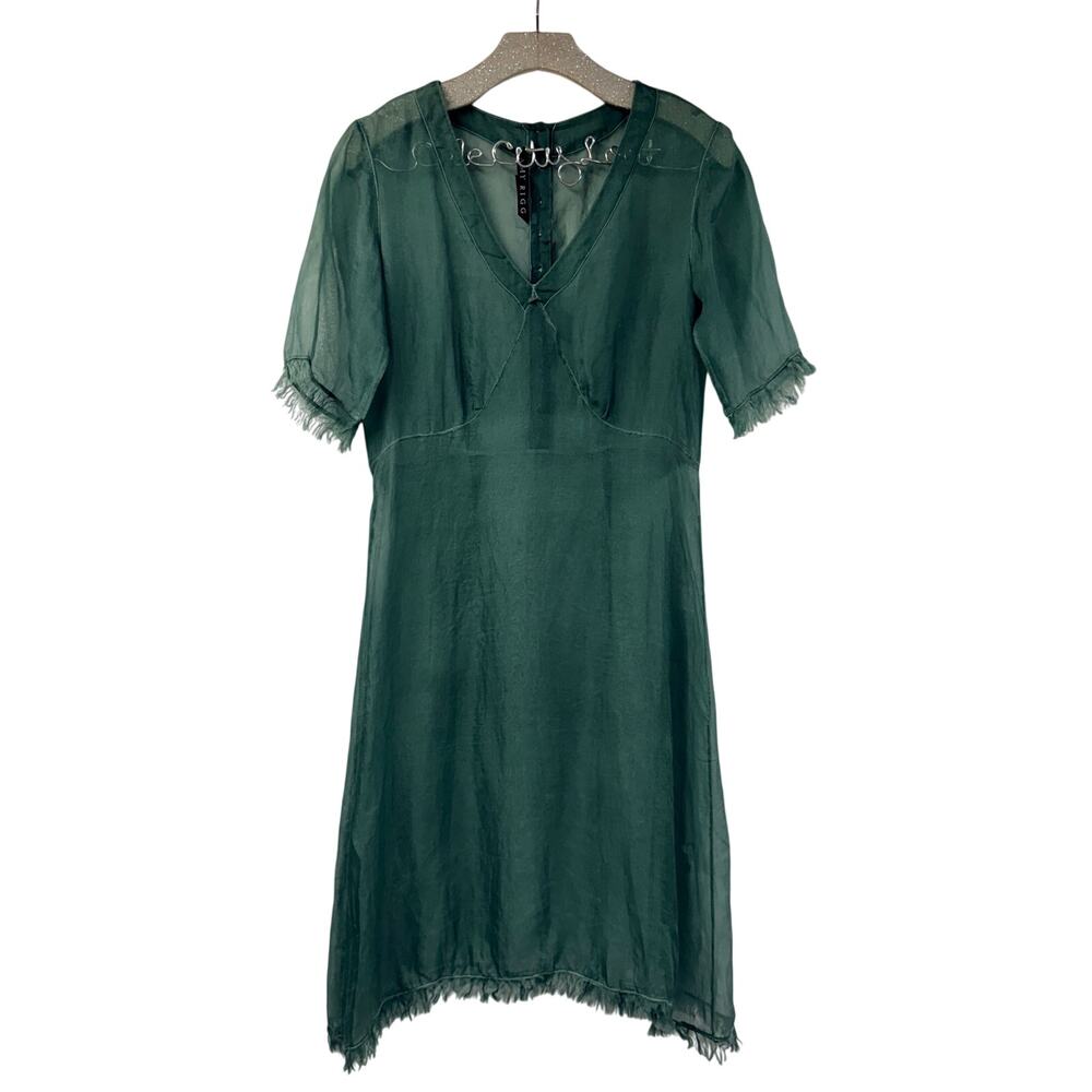 Amy Rigg Green Sheer Midi Dress S Victorian Lagenlook Frayed Trim V Neck